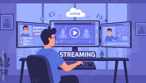 Young man with glasses and blue shirt sitting at a desk with multiple computer monitors, engaged in online streaming, using a mouse and keyboard, with icons for camera, music, and chat, creating