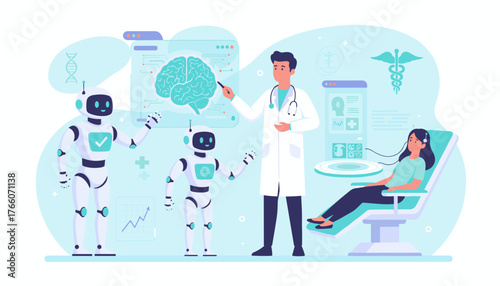 Futuristic medical technology scene with a doctor, AI robots, and a patient undergoing a diagnostic procedure, showcasing advancements in healthcare and artificial intelligence for brain analysis and