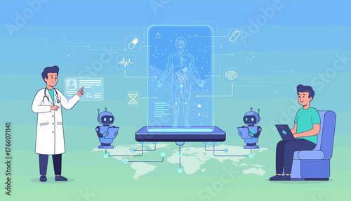 Futuristic digital healthcare concept with a doctor, patient, robots, and AI interface displaying human anatomy and medical data, symbolizing advanced medical technology and innovation in global