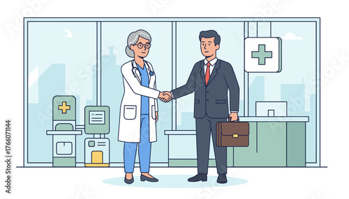 Mature female doctor in white coat and stethoscope shakes hands with a businessman in a suit holding a briefcase, symbolizing a successful partnership in the healthcare industry, set against a modern