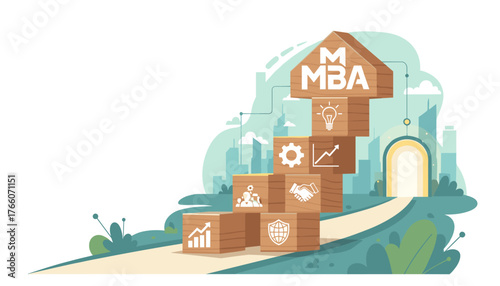 Conceptual illustration of an MBA Master of Business Administration program, symbolizing career growth and success through stacked wooden blocks with business icons, leading to a bright future in a