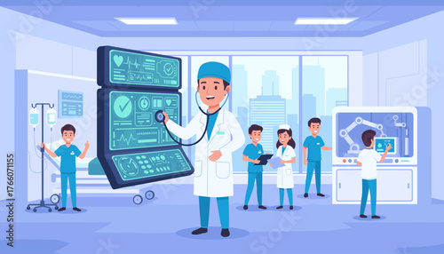 Modern medical team in a high-tech hospital room, featuring a doctor with a stethoscope examining a large futuristic monitor displaying vital signs and data, alongside nurses and technicians working