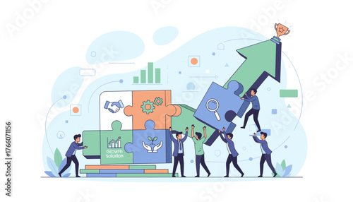 Business partnership and growth strategy concept, team of people assembling puzzle pieces representing collaboration, investment, and achieving success with a trophy on an upward arrow graph