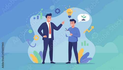 Dynamic illustration of a business mentor guiding an employee, symbolizing motivation, inspiration, and growth with visual cues like charts, gears, and a sprouting plant, set against a gradient blue