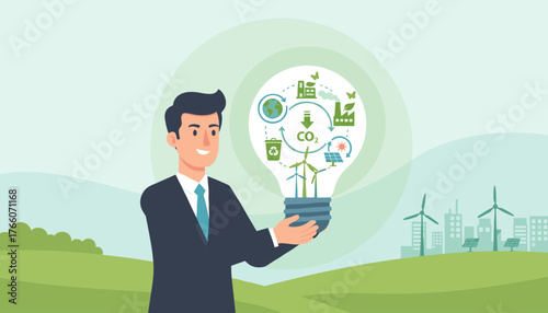 Businessman holding a light bulb symbolizing net-zero and carbon-neutral concept with renewable energy sources like wind turbines and solar panels, alongside icons of factories, recycling, and the