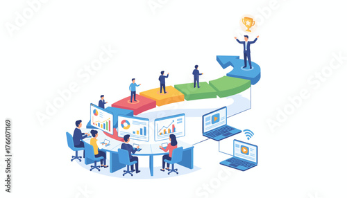 Modern flat illustration concept of success, reaching goals, and business growth, depicted by a team collaborating around charts and a progress arrow leading to a triumphant businessman holding a