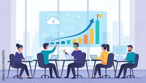 Modern flat illustration concept of success, reaching goals, and business growth, featuring a diverse team collaborating in a contemporary office setting with data visualization and cloud technology