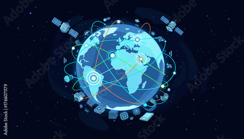 Global network and data exchange concept, illustrating interconnectedness through satellites and digital communication lines orbiting the Earth, symbolizing business and technology in a vast digital