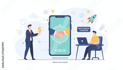 Digital handshake on a smartphone screen signifies a successful online transaction completion, symbolizing innovation and new startup launch with a rocket taking off, business growth, and financial