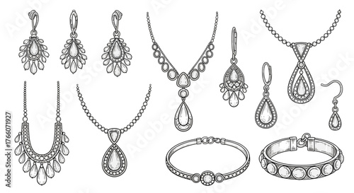 An array of intricately drawn jewelry pieces showcases a collection of necklaces, earrings, and bracelets, each with unique and elegant designs.