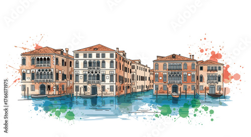 Colorful watercolor illustration of Venice city with historic buildings reflected in the water, representing the unique beauty and cultural heritage of Venice.