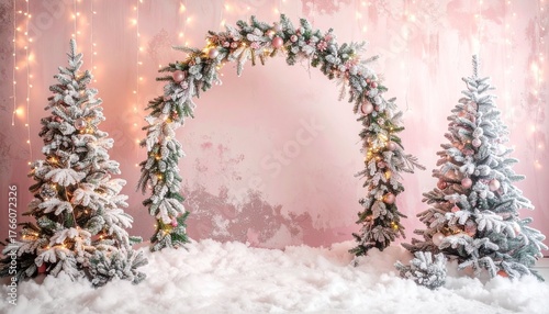 photography background backdrop with arch and snow for winter christmas pastel pink 
