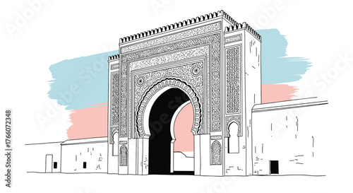 Elaborate Arabic archway with intricate geometric patterns in a monochromatic illustration against a backdrop of soft pastel colors.