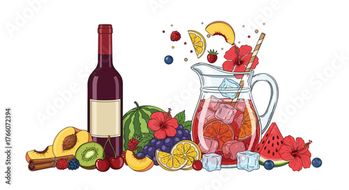 A refreshing sangria illustration with a wine bottle, pitcher, and various fresh fruits like watermelon, oranges, and berries.