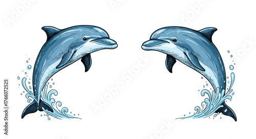 Two cartoon dolphins are jumping out of the water, creating splashes and a lively scene against a clean white backdrop.