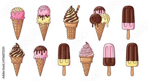 Colorful assortment of ice cream in cones and on sticks, featuring various flavors and toppings, presented as sweet treats.