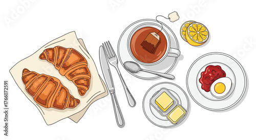 Breakfast still life features croissants, tea with lemon, butter, and a plate of eggs, presented as a delectable morning feast.