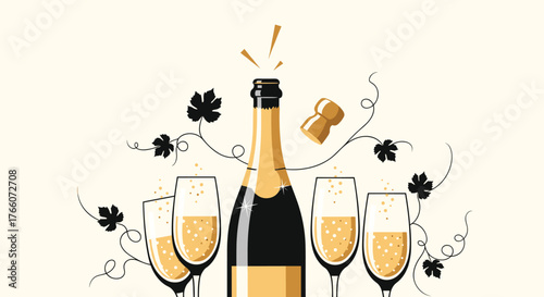 Festive champagne bottle popping with celebratory glasses and decorative vines, perfect for special occasions and events.