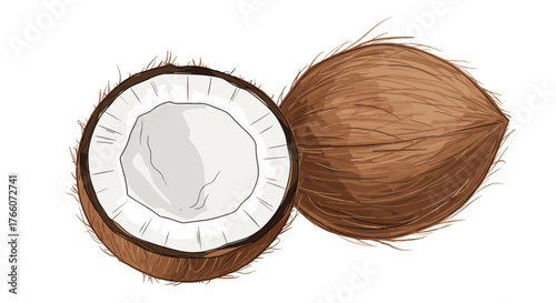An artistic illustration showcasing a whole coconut and a halved coconut, emphasizing their natural texture and detailed interior.