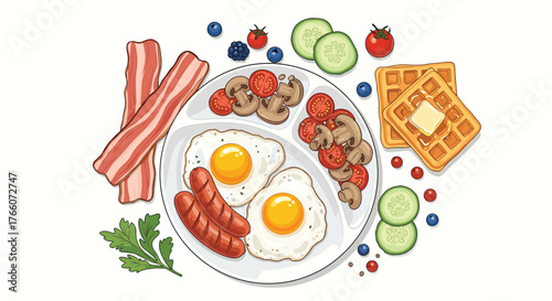 Breakfast plate featuring eggs, sausage, bacon, waffles with butter, tomatoes, mushrooms, blueberries, cucumbers, and parsley, on white background.