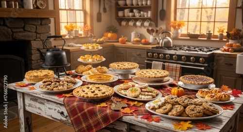 Thanksgiving desserts on a rustic kitchen table