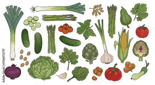 A colorful assortment of fresh, organic vegetables including leeks, tomatoes, asparagus, and artichokes arranged in a delightful still life.