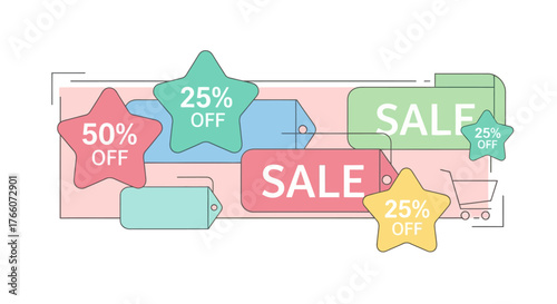 Colorful sale tags and star shapes indicating discounts and promotions for shopping.