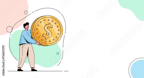 Man holding giant gold dollar coin representing wealth and finance.