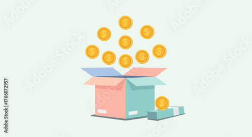 Golden Coins Overflowing from a Cardboard Box Representing Financial Growth.