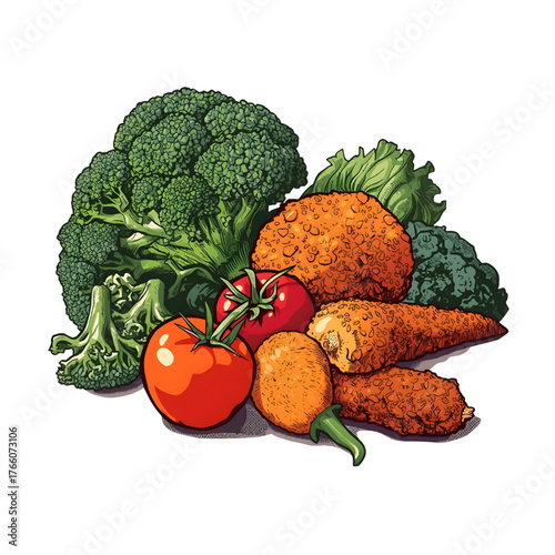 Crispy Fried Broccoli and Mixed Vegetables on transparent background