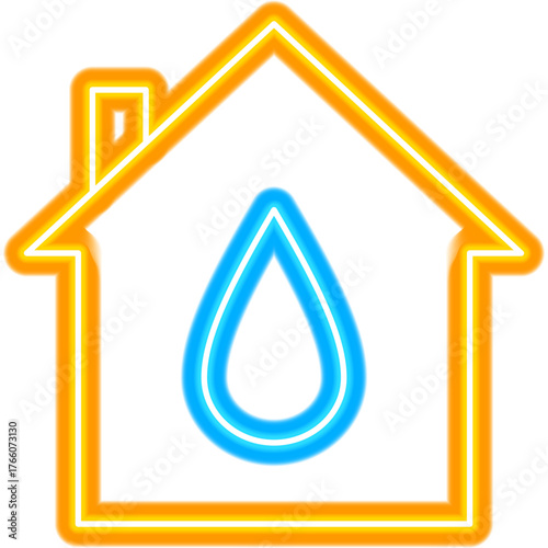 House Plumbing Water Neon Sign. Vector Illustration of Bright Plumber Service Object in Glowing Style. Drip Led Lamp Icon over Transparent Background. 