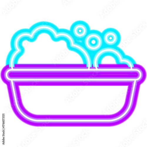 Bathtube with Bubbles Neon Sign. Vector Illustration of Bright Plumbing Object in Glowing Style. Led Lamp Bath Foam Icon over Transparent Background. 