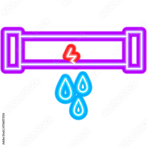 Leaking Pipe Neon Sign. Vector Illustration of Bright Plumber Object in Glowing Style. Led Lamp Water Drip Icon over Transparent Background. 