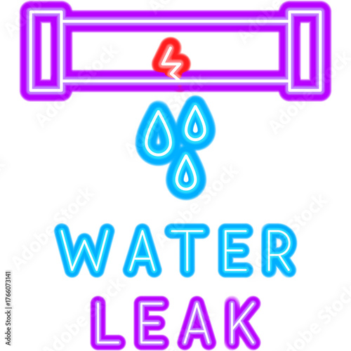 Leaking Pipe Neon Label. Vector Illustration of Bright Plumber Object in Glowing Style with Typography. Led Lamp Water Drip Icon over Transparent Background. 