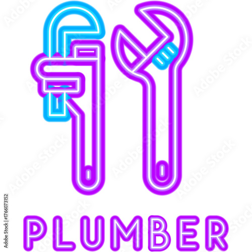 Plumber Tools Neon Label. Vector Illustration of Bright Plumbing Instruments Object in Glowing Style. Service Led Lamp Icon over Transparent Background. Pipe and Adjustable Wrench Symbols.