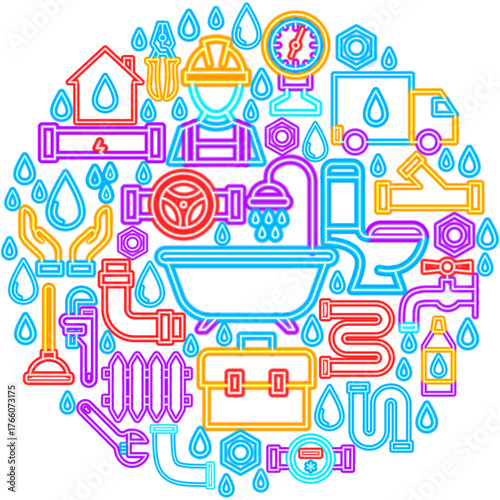 Plumber Neon Icons Circle Concept. Vector Illustration of Bright Plumbing Signs in Modern Glowing Style. Led Lamp Pipe, Faucet, Wrench, Toilet, Sink Symbols.