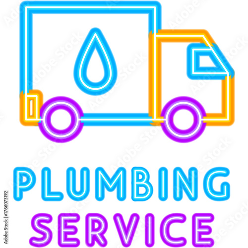 Plumbing Service Car Neon Label. Illustration of Bright Plumber Object in Glowing Style with Typography. Water Drip Led Lamp Icon over Transparent Background. 
