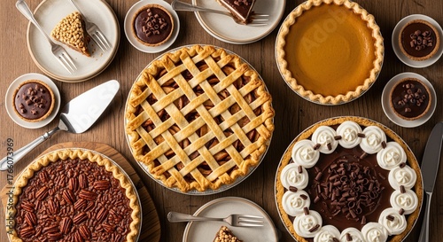 Assortment of pies and tarts displayed on a wooden table. A visually appealing collection of baked desserts for the holidays. Festive treat, sweet indulgence, baked goods.