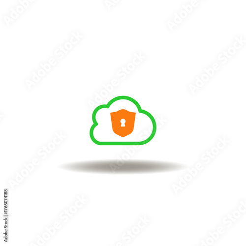 Vector illustration of cloud with shield and keyhole lock. Symbol of cybersecurity in cloud computing.