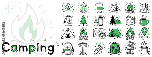 Camping Icon Set — Flat Line Art Style