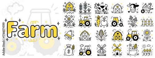 Farm Icons Set – Yellow Line Vector Illustration