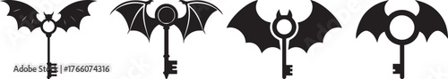 "Set of Black Keys with Bat Wing Designs for Halloween, Gothic, and Dark Themed Art Illustrations"