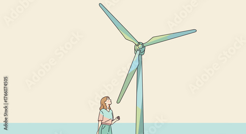Woman Gazing Up at Wind Turbine - Sustainable Energy Illustration.
