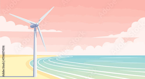 Wind Turbine on Beach - Sustainable Energy Illustration.
