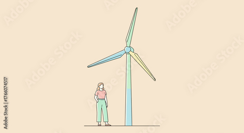 Woman standing next to a large wind turbine, symbolizing renewable energy and environmental awareness.
