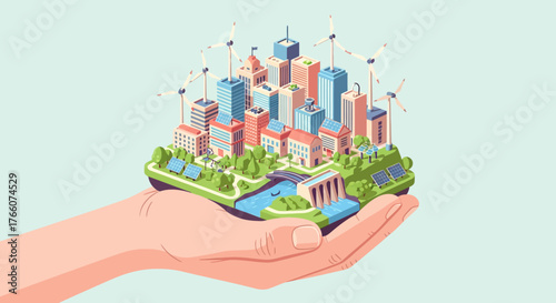 Hand holding a miniature eco-friendly city with renewable energy sources.