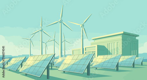 Solar panels and wind turbines generating clean energy.