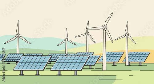 Renewable energy sources wind turbines and solar panels generating power.