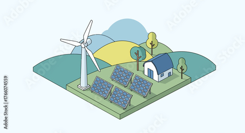 Sustainable Energy Landscape with Wind Turbine and Solar Panels.
