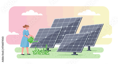 Woman watering plants near solar panels renewable energy concept.